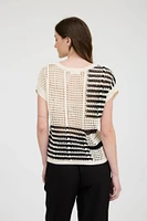 Crochet Knit Top Black and Beige. Summer Sweater