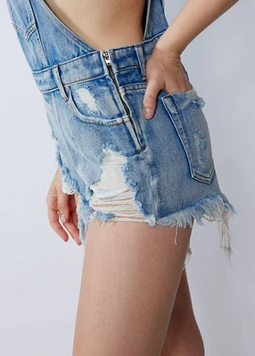 Denim Overall Short Jumpsuit Romper. Jean Distressed