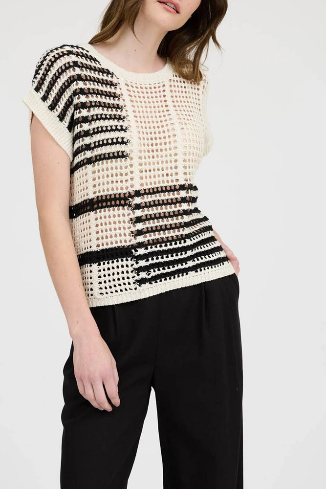 Crochet Knit Top Black and Beige. Summer Sweater