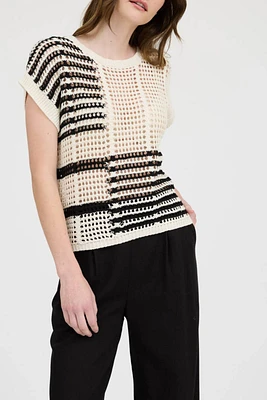 Crochet Knit Top Black and Beige. Summer Sweater