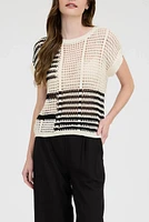 Crochet Knit Top Black and Beige. Summer Sweater