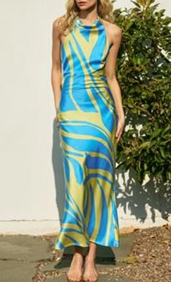 Maxi Dress Halter Top Ocean Waves, Open Back by Forum