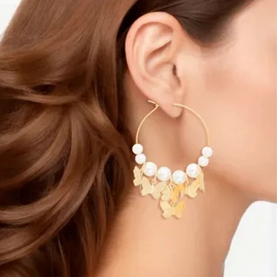 Gold Butterfly Charm Earrings Pearl Wire Hoops