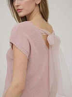 Dusty Pink Short Sleeve Top With Sheer Back Bow