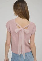 Dusty Pink Short Sleeve Top With Sheer Back Bow