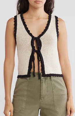 Knit Sweater Vest Top With Front Tie Cream Black Scalloped Trim