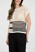 Crochet Knit Top Black and Beige. Summer Sweater