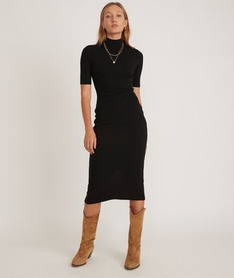 Lexi Rib Mock Neck Short Sleeve Midi Dress Black