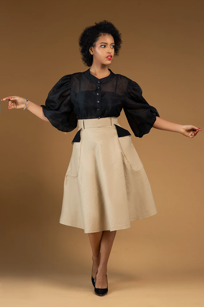 Anita Skirt paired with sheer puffy sleeve organza top