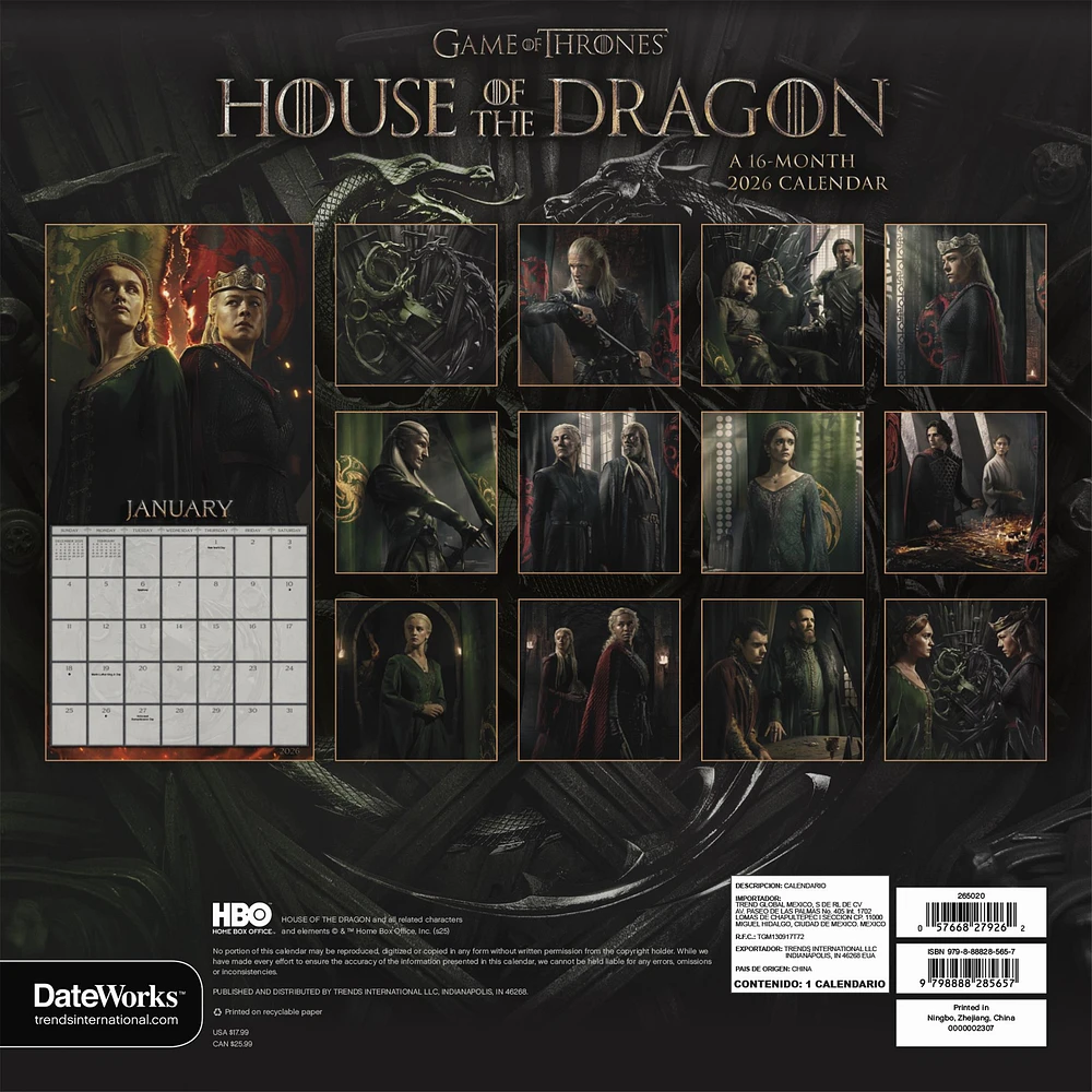 Game Of Thrones House Of The Dragon 2026 Wall Calendar