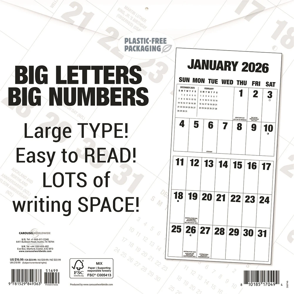 Big Letters Big Numbers 2026 Wall Calendar