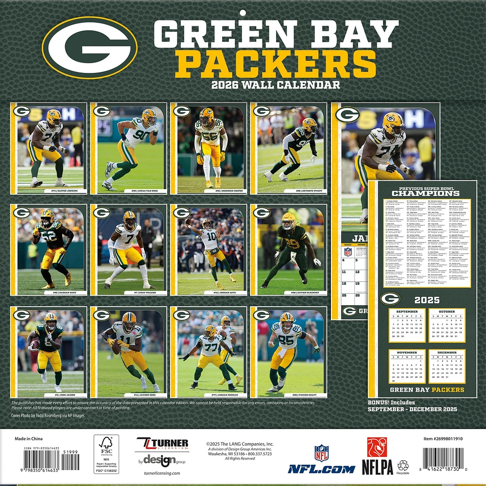 NFL Green Bay Packers 2026 Wall Calendar