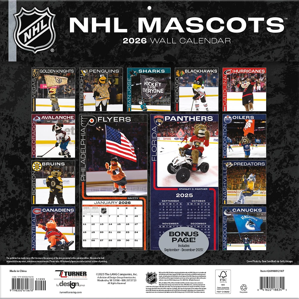NHL Mascot 2026 Wall Calendar