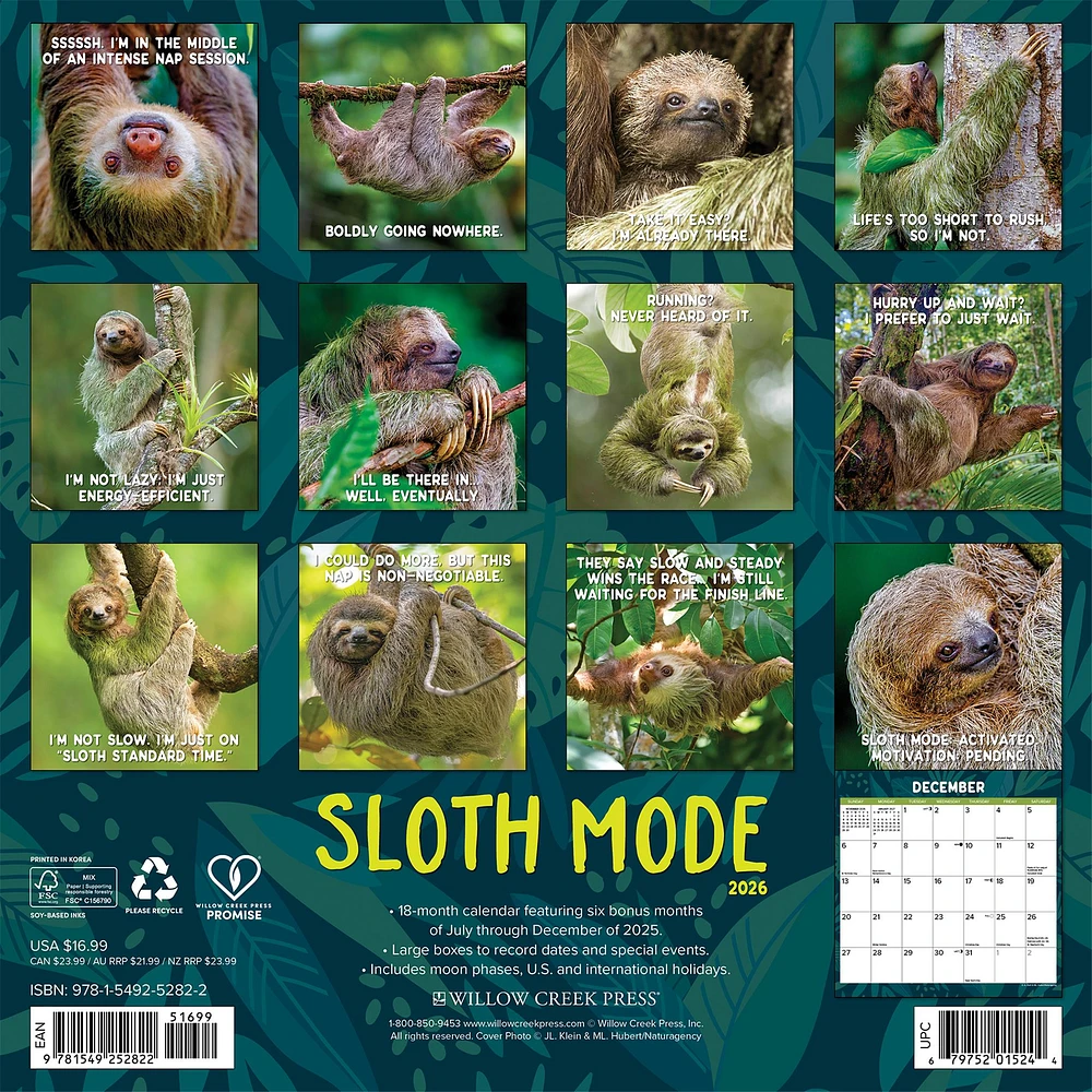 Sloth Mode 2026 Wall Calendar - Online Exclusive