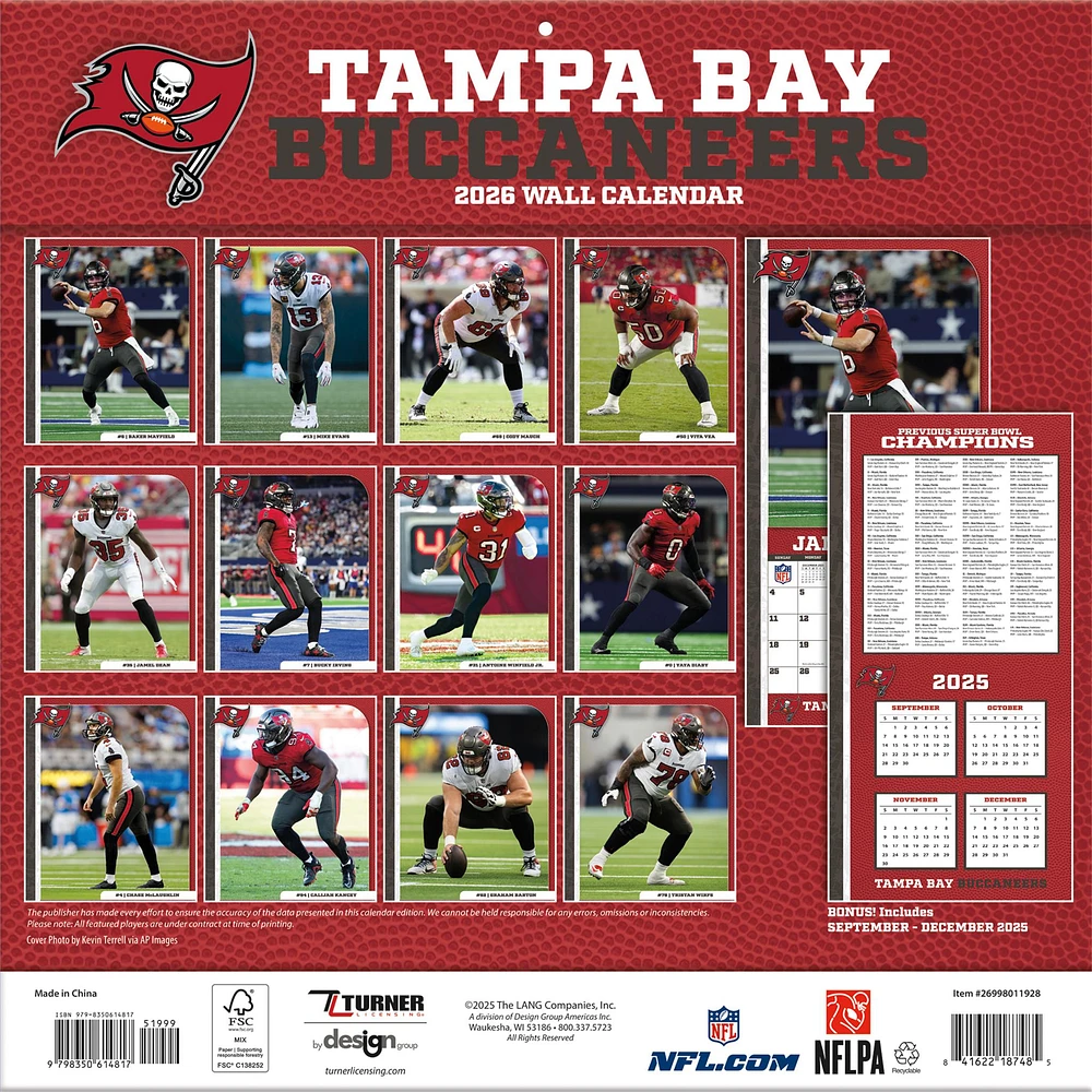 NFL Tampa Bay Buccaneers 2026 Wall Calendar - Online Exclusive