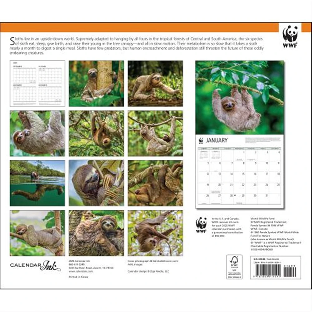 Sloths World Wildlife Fund Wall 2025 Calendar