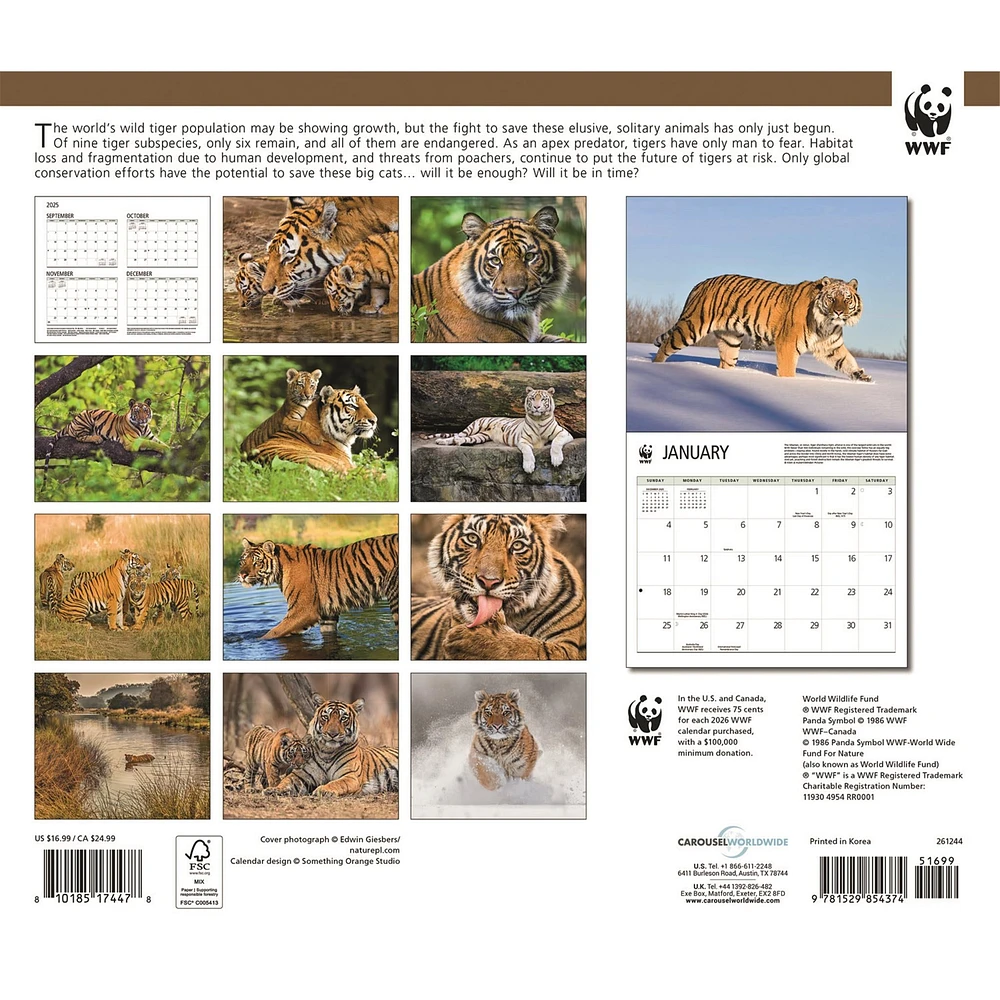 World Wildlife Fund Tigers 2026 Wall Calendar