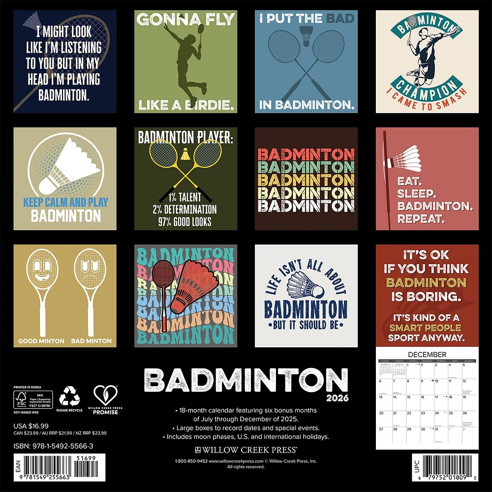Badminton 2026 Wall Calendar - Online Exclusive