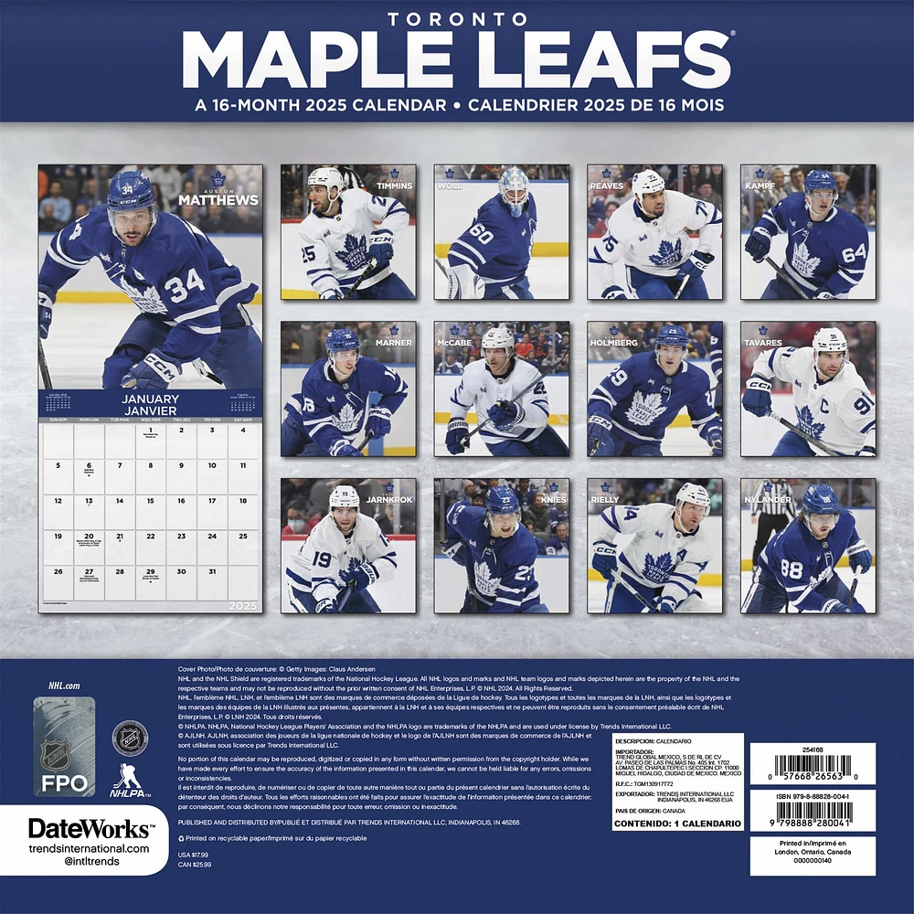 NHL Toronto Maple Leafs Bilingual Wall 2025 Calendar