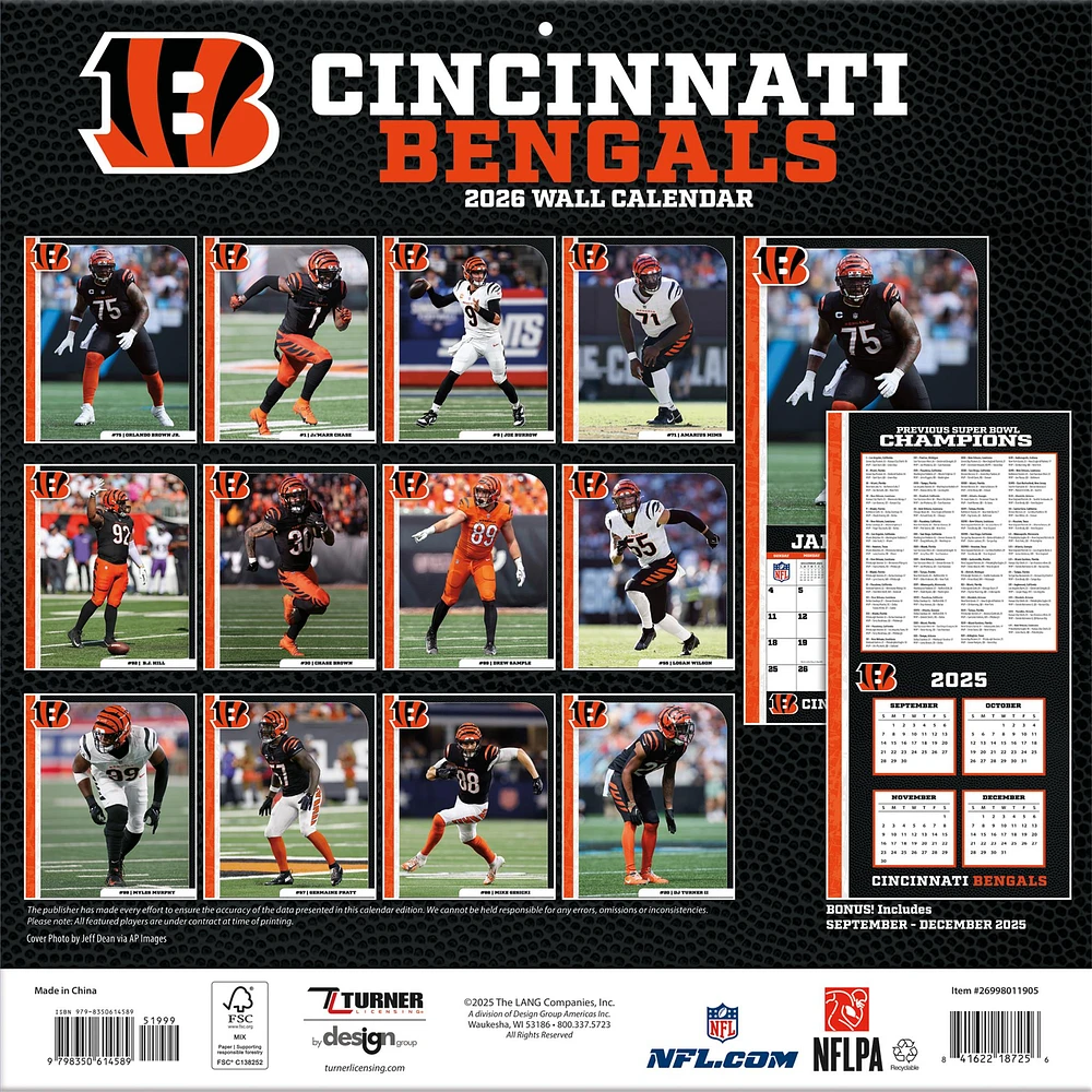 NFL Cincinnati Bengals 2026 Wall Calendar - Online Exclusive