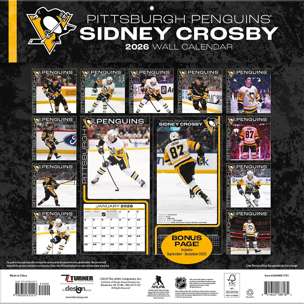 NHL Sidney Crosby Pittsburgh Penguins 2026 Wall Calendar