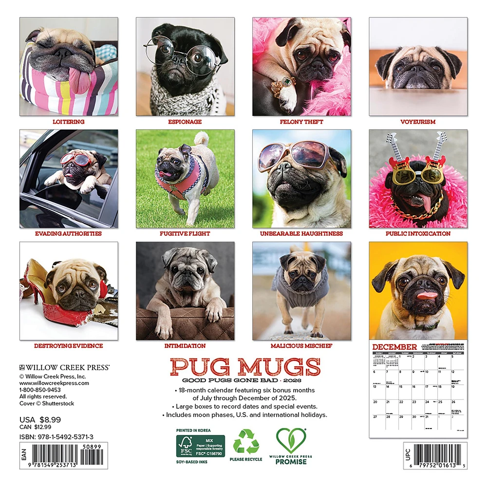 Pug Mugs 2026 Mini Calendar
