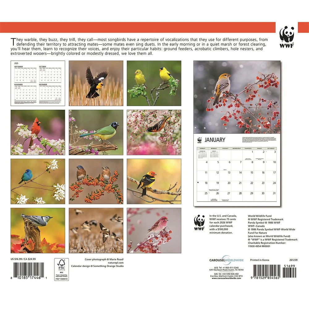 World Wildlife Fund Songbirds 2026 Wall Calendar