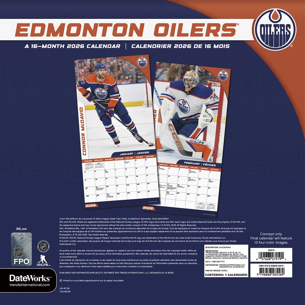 NHL Edmonton Oilers Bilingual 2026 Wall Calendar