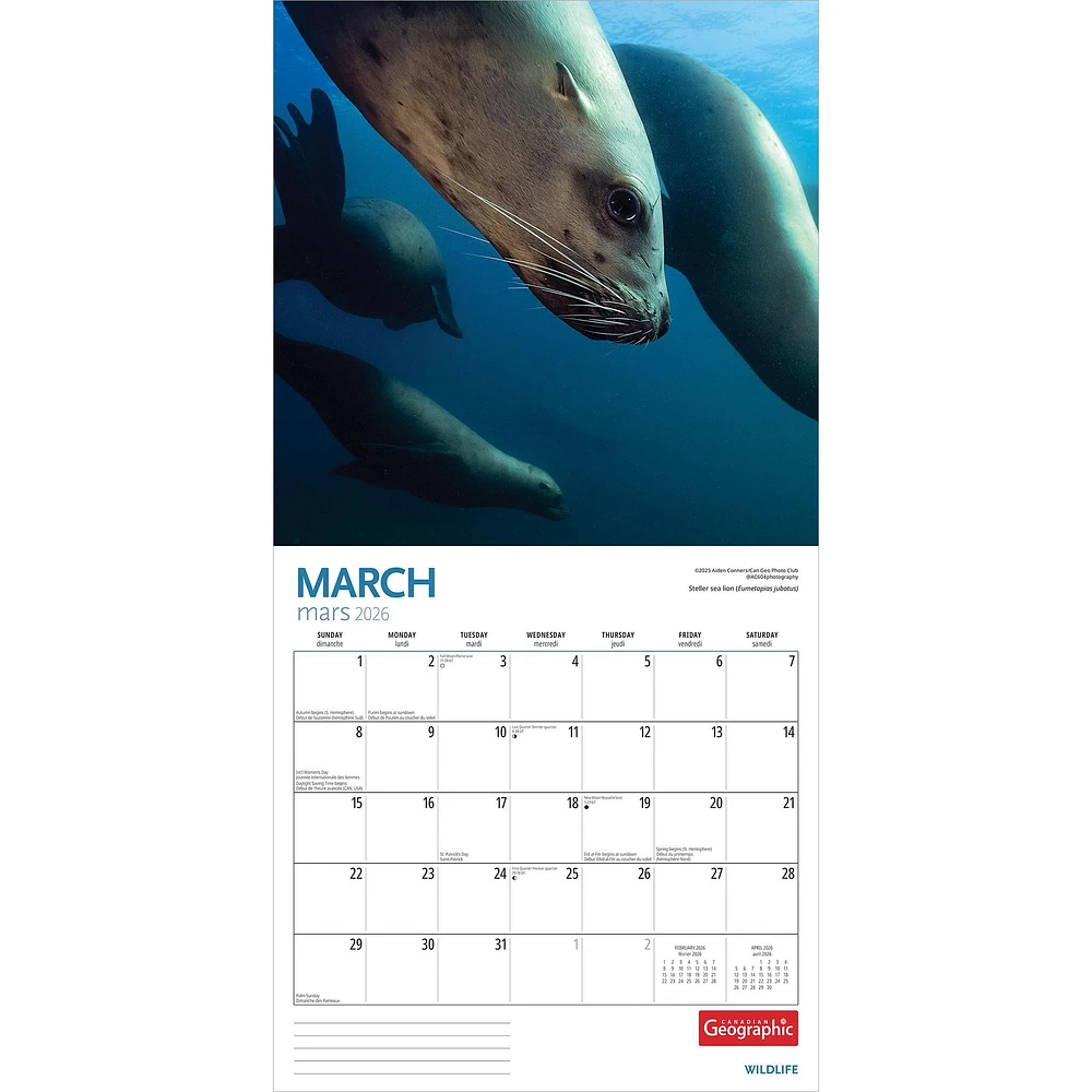Canadian Geographic Wildlife 2026 Wall Calendar