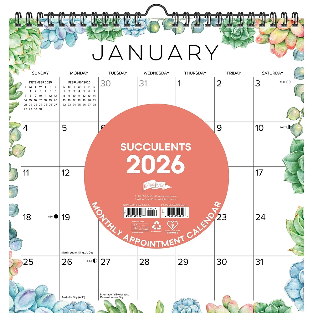 Succulents 2026 Spiral Wall Calendar