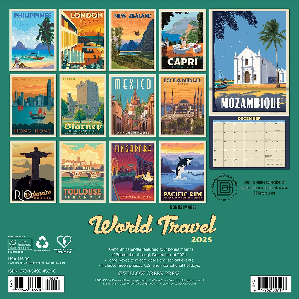 World Travel Classic Posters Wall 2025 Calendar