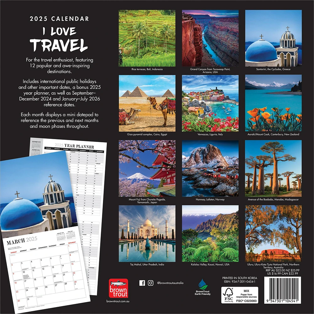 I Love Travel Wall 2025 Calendar