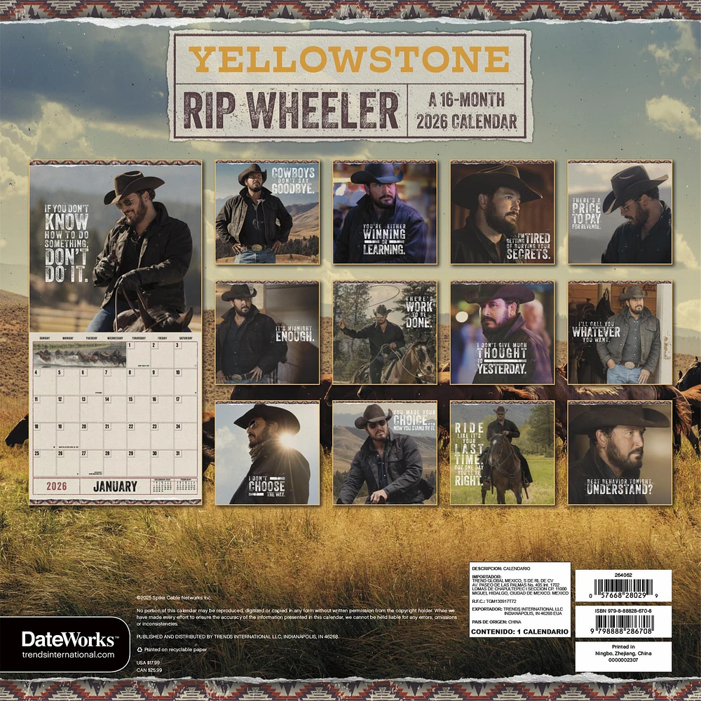 Yellowstone Rip Wheeler 2026 Wall Calendar - Online Exclusive