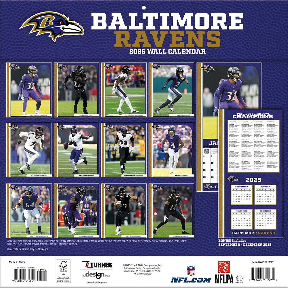 NFL Baltimore Ravens 2026 Wall Calendar
