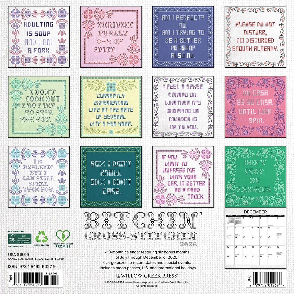 Bitchin Cross Stitchin 2026 Wall Calendar