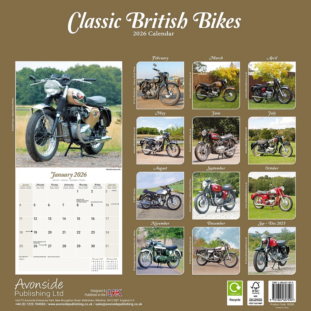 Classic British Bikes 2026 Wall Calendar
