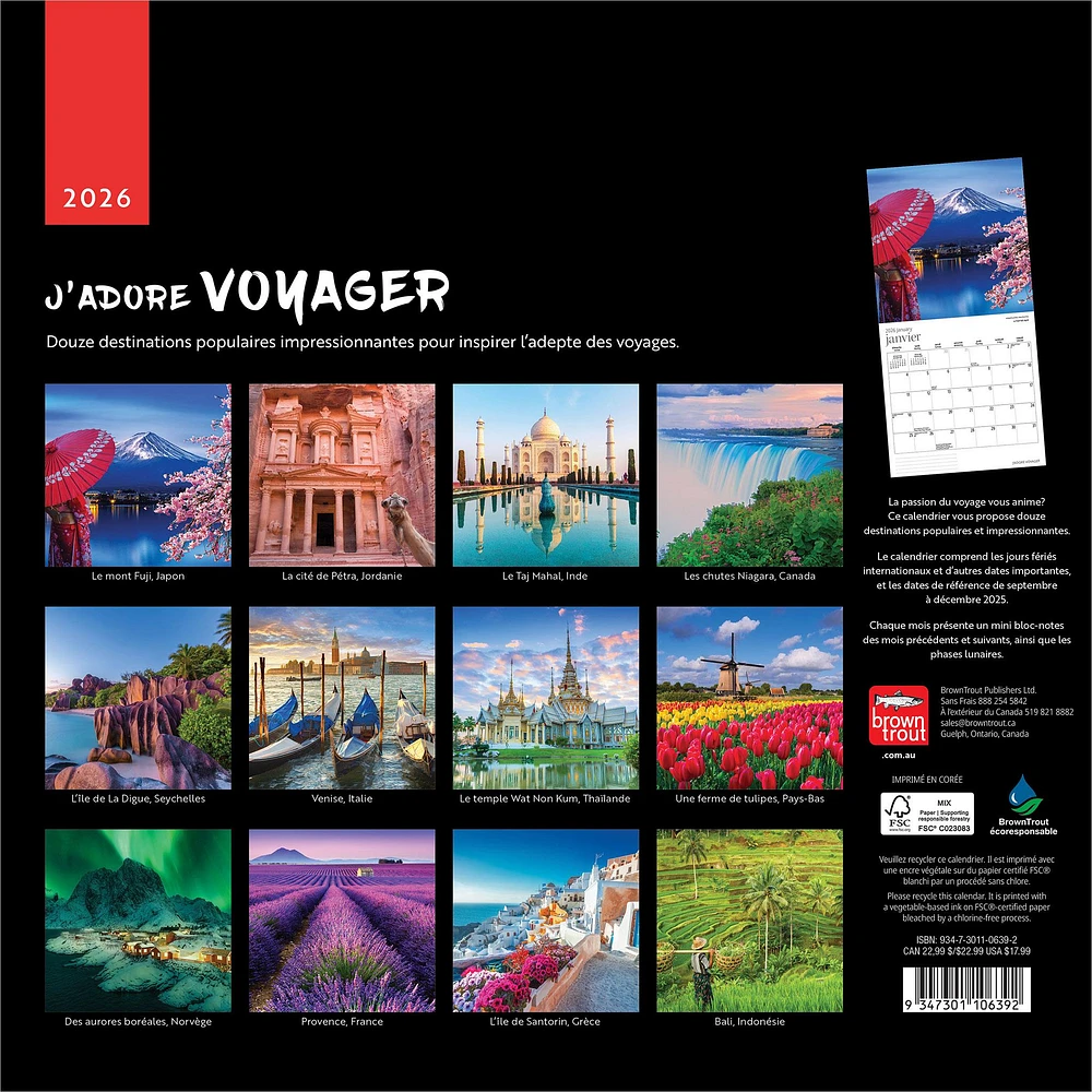 J'Adore Voyager 2026 Wall Calendar (French)