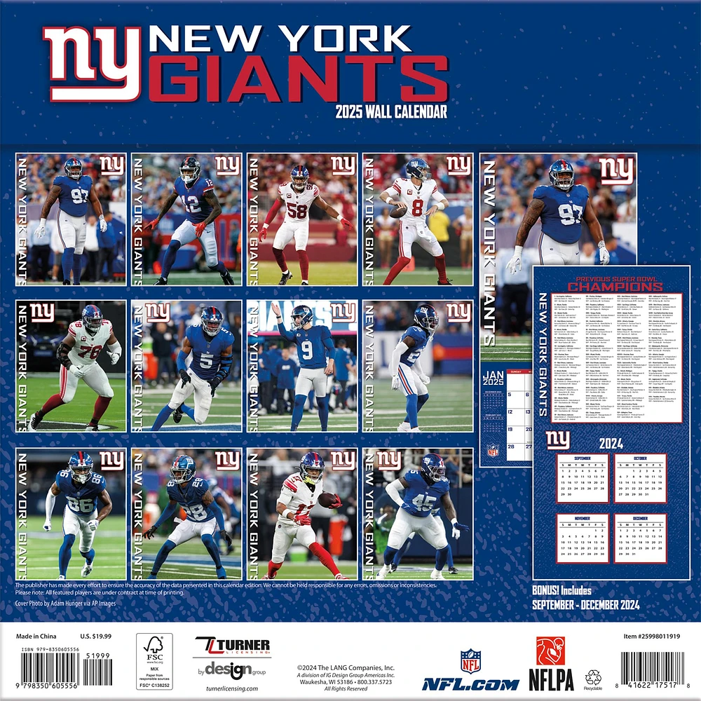 NFL New York Giants Wall 2025 Calendar - Online Exclusive