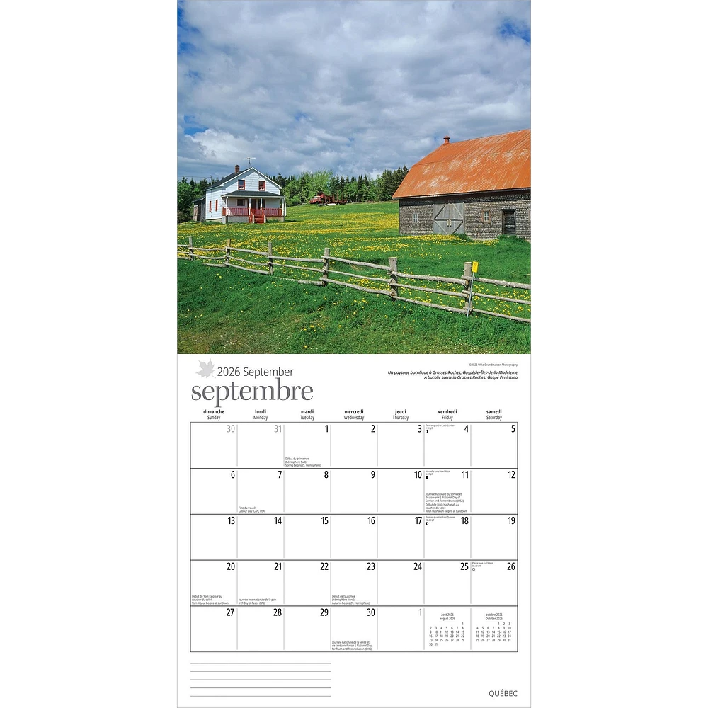 Quebec 2026 Wall Calendar