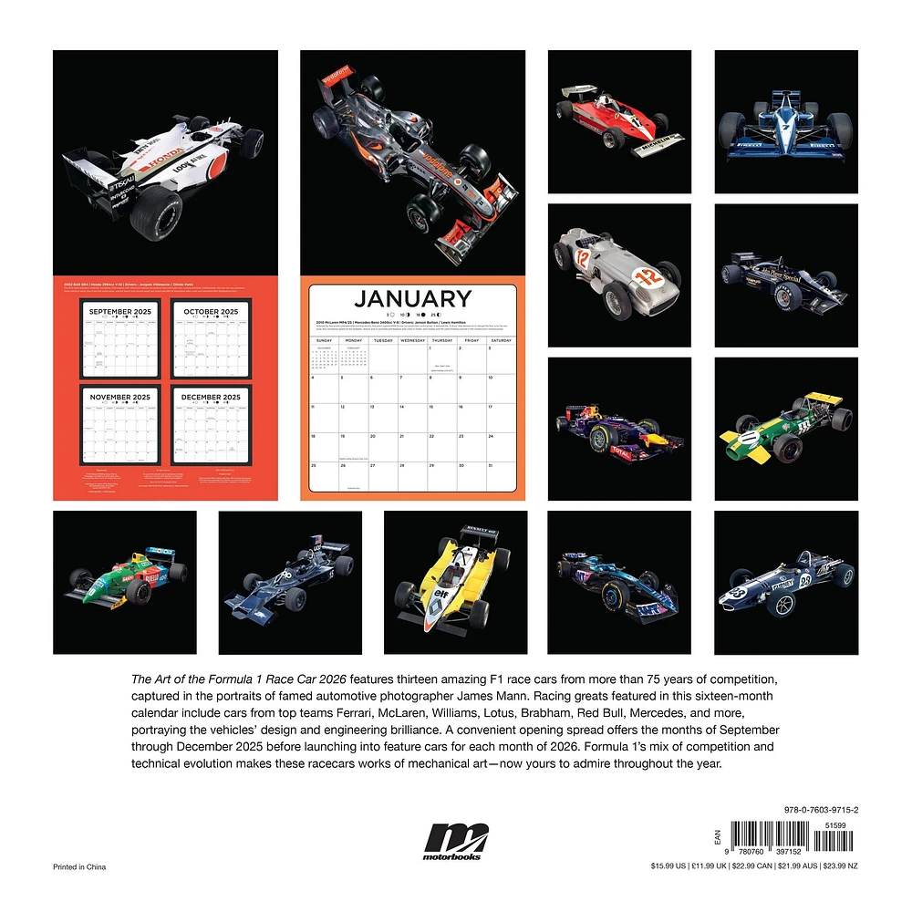 The Art of Formula 1 Race Car 2026 Wall Calendar