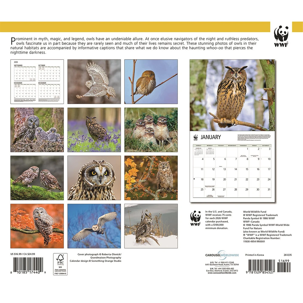 World Wildlife Fund Owls 2026 Wall Calendar