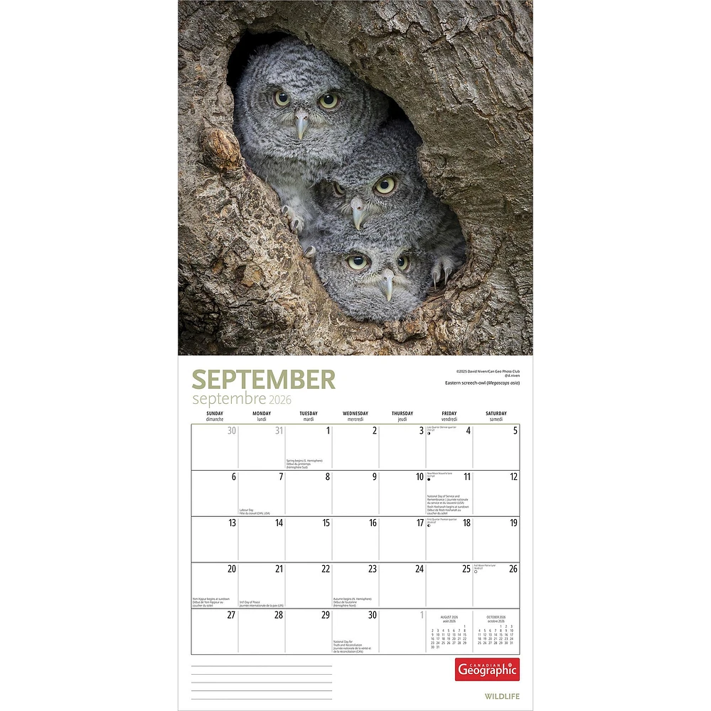 Canadian Geographic Wildlife 2026 Wall Calendar