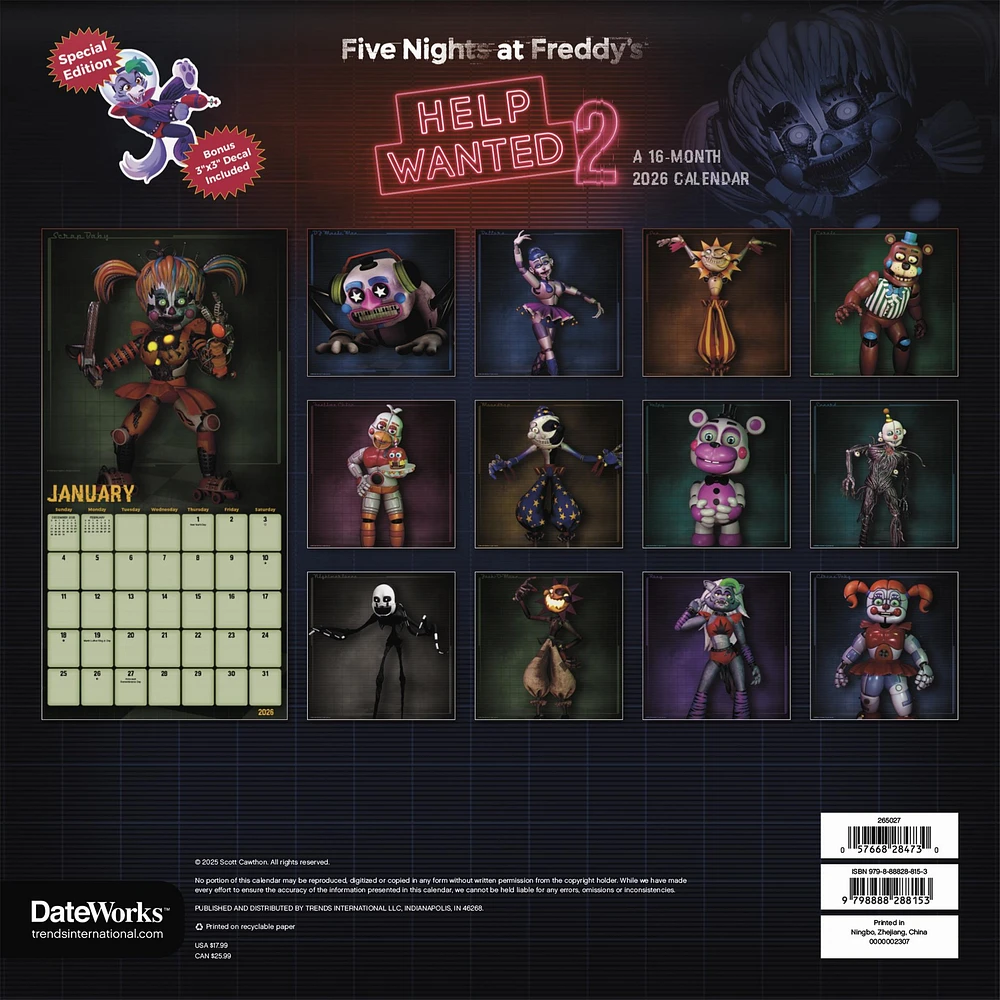 Five Nights At Freddys Exclusive with Decal 2026 Deluxe Wall Calendar