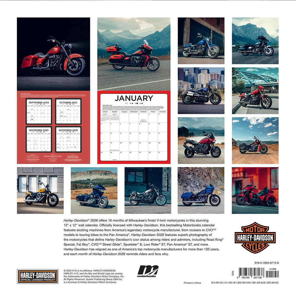 Harley Davidson Wall   2026 Calendar