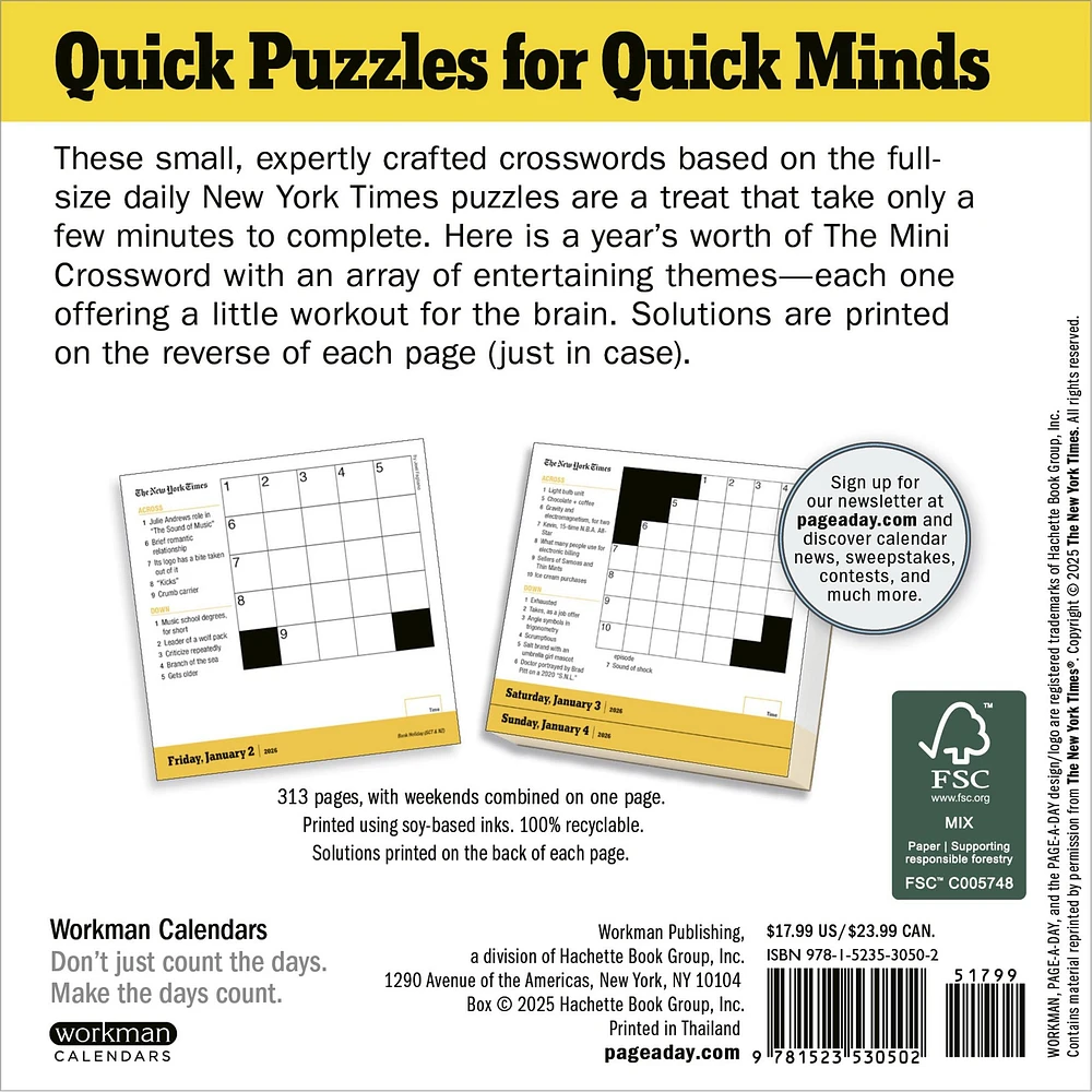 New York Times Mini Crossword 2026 Box Calendar
