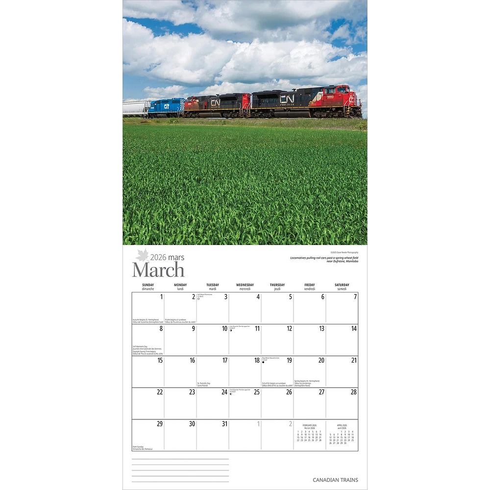 Canadian Trains Bilingual 2026 Wall Calendar
