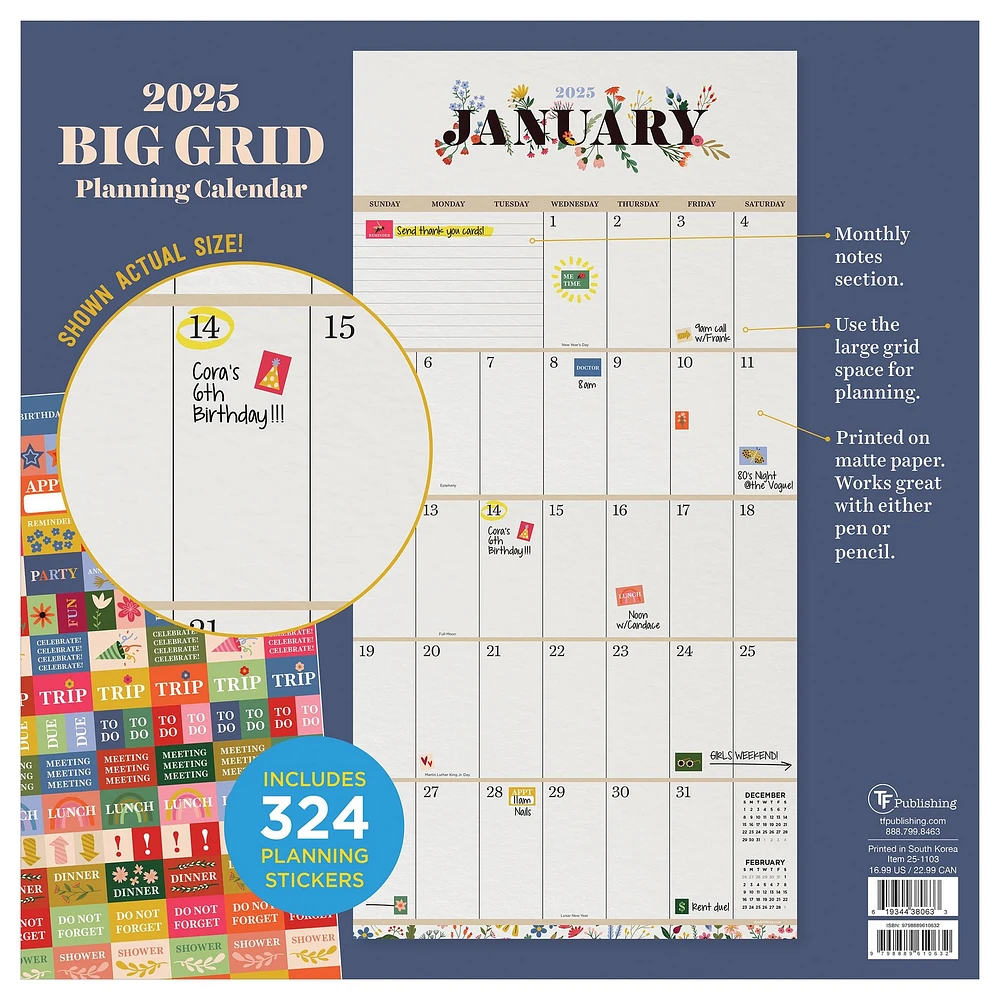 Big Grid Floral Wall 2025 Calendar