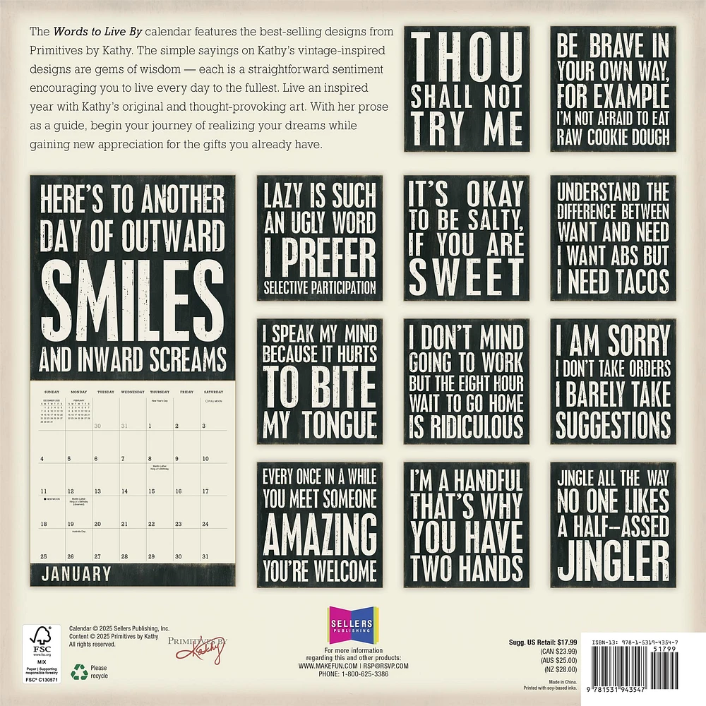 Words To Live By 2026 Wall Calendar
