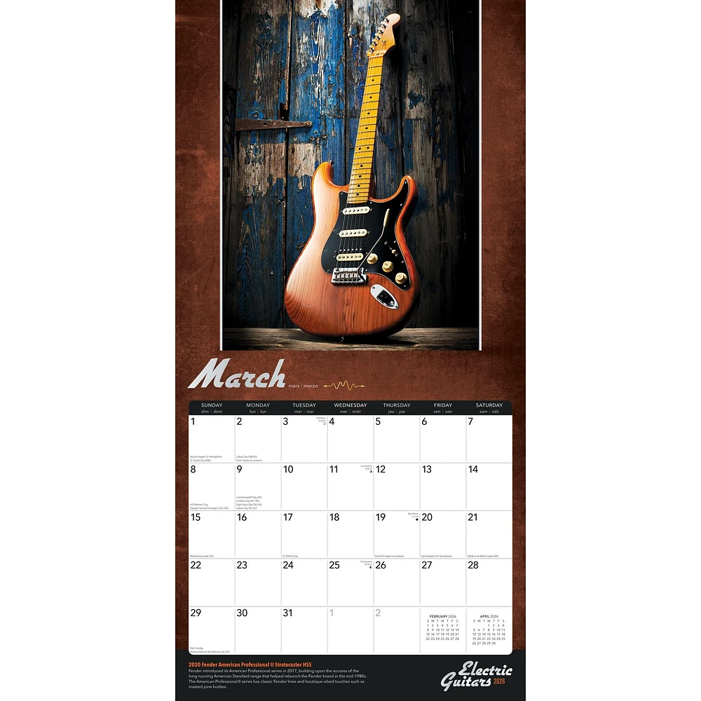 Electric Guitars 2026 Wall Calendar