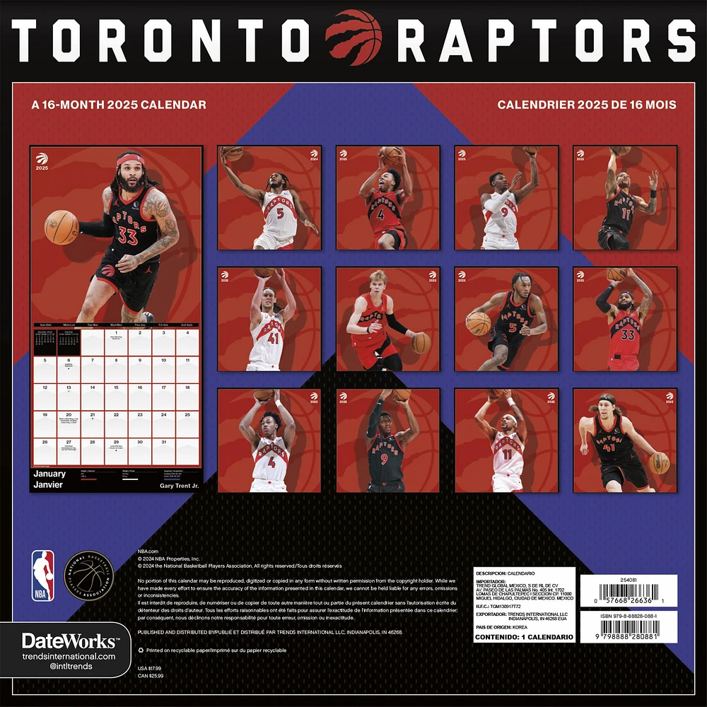 NBA Toronto Raptors Bilingual Wall 2025 Calendar